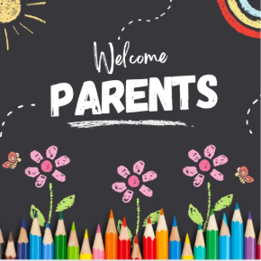 Welcome Parents illustration with flowers, sun, and colored pencils